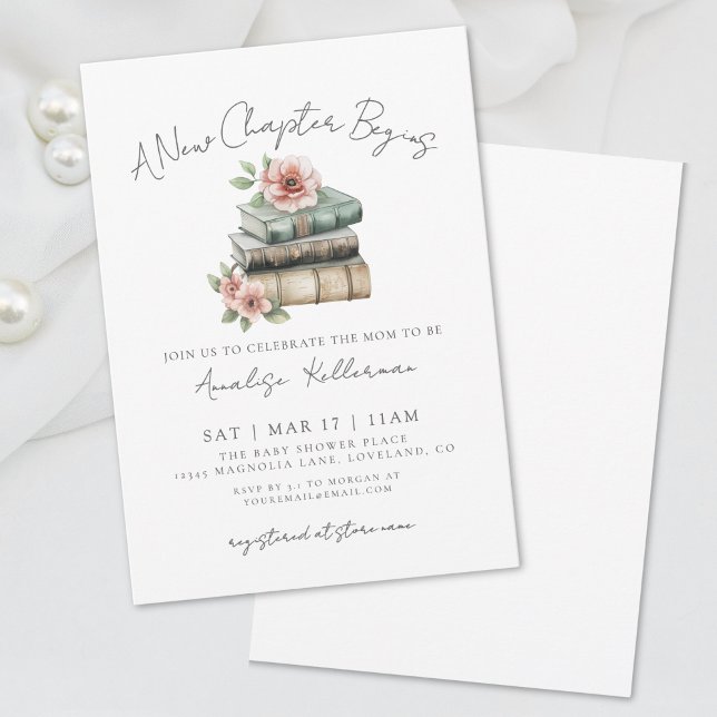 Invitation Réserver Nouveau chapitre Baby shower floral (Book New Chapter Floral Baby Shower Invitation)