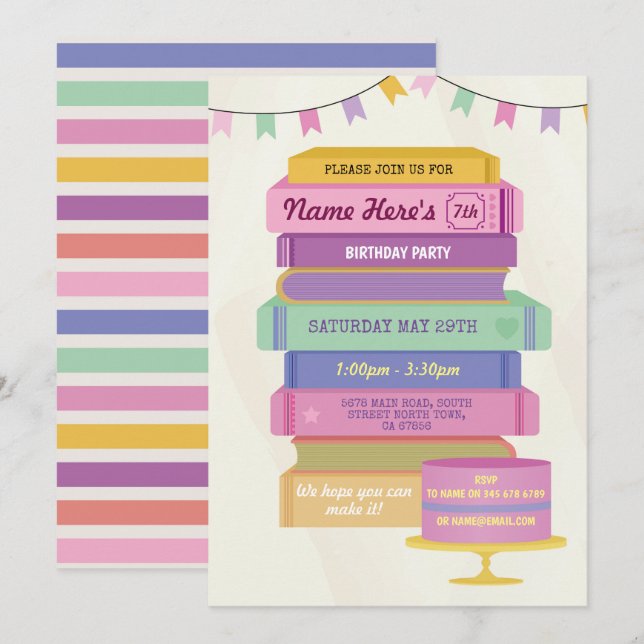 Invitation Réservez la bibliothèque d'anniversaire Lire le gâ (Devant / Derrière)