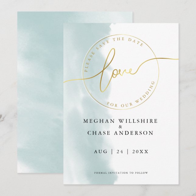 Invitation RÉSERVEZ LA DATE | Aquarelle verte Turquoise (Devant / Derrière)