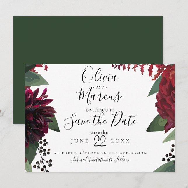 Invitation RÉSERVEZ LA DATE | Élégant marsala de Bourgogne (Devant / Derrière)