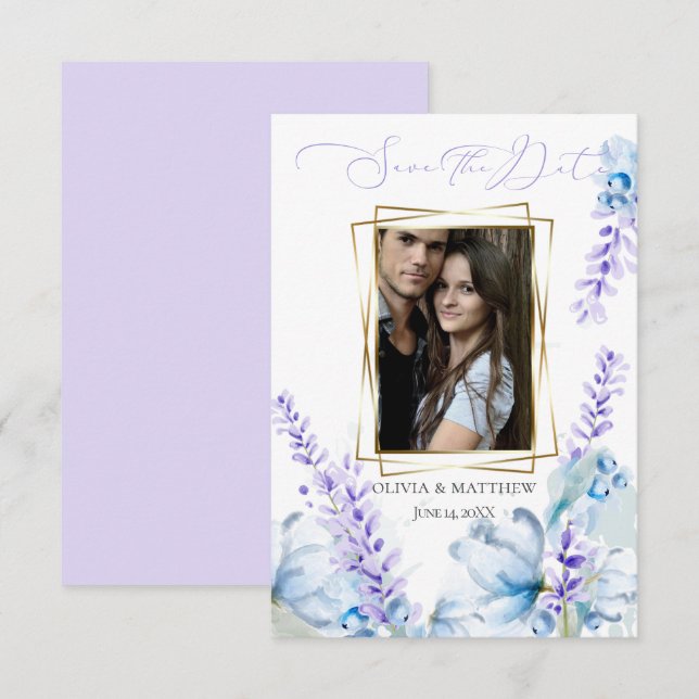 Invitation RÉSERVEZ LA DATE | Lavande d'aquarelle - bleu pous (Devant / Derrière)
