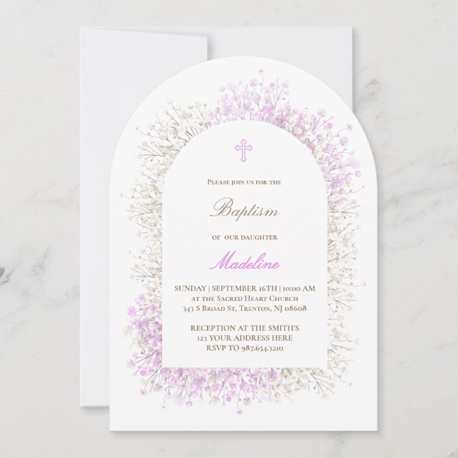 Invitation Respiration de bébé blanc lilas baptême de bébé fi (Devant)