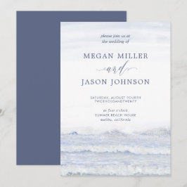 Invitation Ressacs, bleu, mariage blanc d'aquarelle