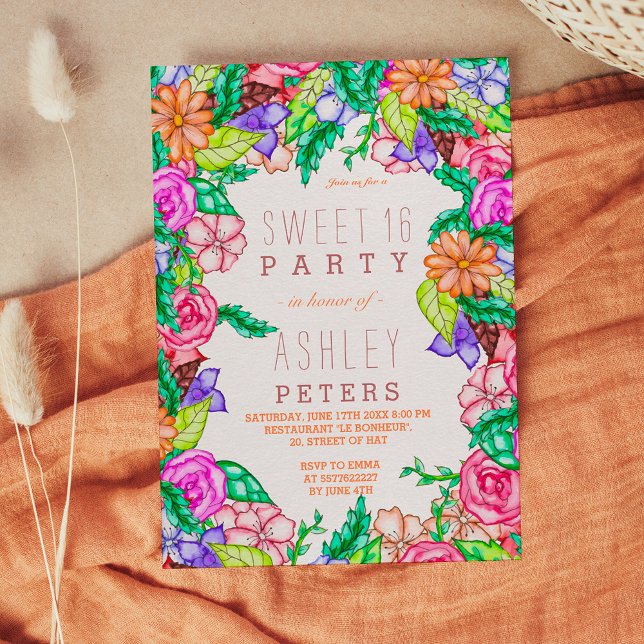 Invitation Ressort aquarelle florale main peinte Sweet 16 (Spring watercolor floral hand painted Sweet 16 Invitation)
