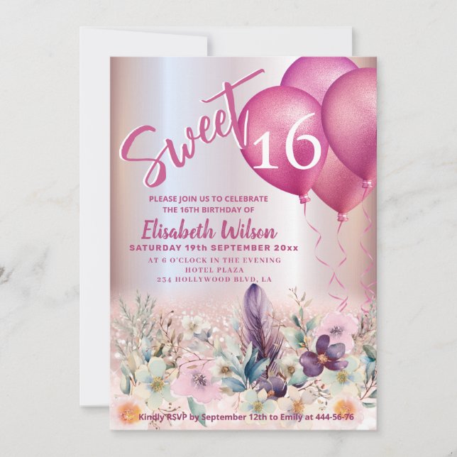 Invitation Ressort Boho floral Girlly ballon glittery (Devant)