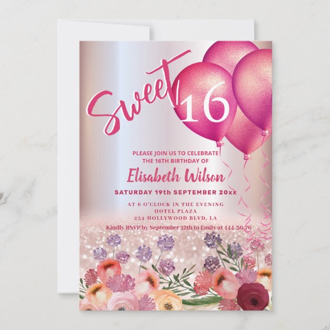 Invitation Ressort Boho floral Girlly ballon glittery (Devant)