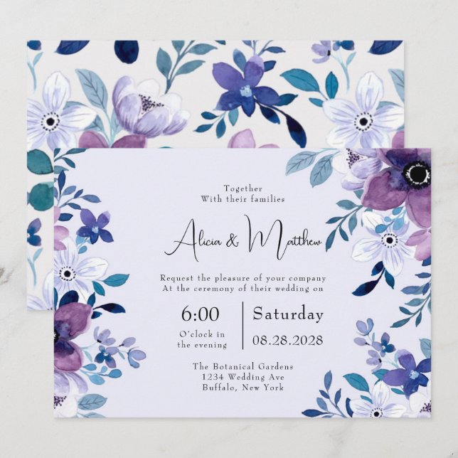 Invitation Ressort chic peint violet et Turquoise Mariage de  (Devant / Derrière)