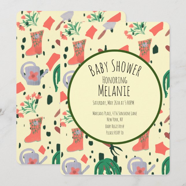 Invitation Ressort Floral Jardin Outils Pot Baby shower (Devant / Derrière)