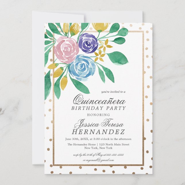 Invitation Ressort Floral or Confetti Aquarelle Quinceañera (Devant)