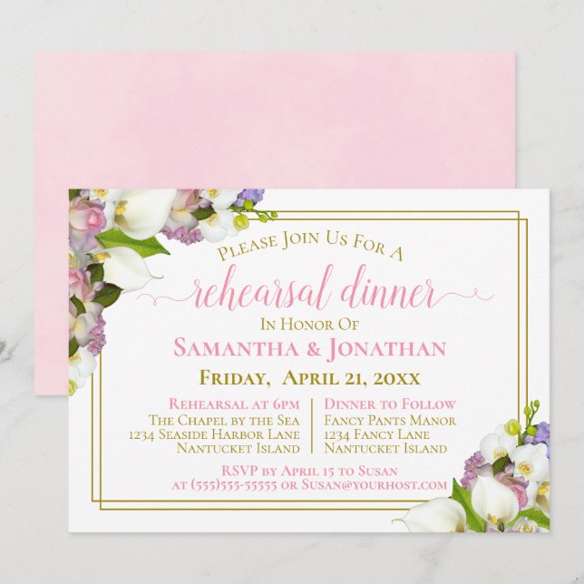Invitation Ressort Floral rose Mariage répétition et dîner (Devant / Derrière)