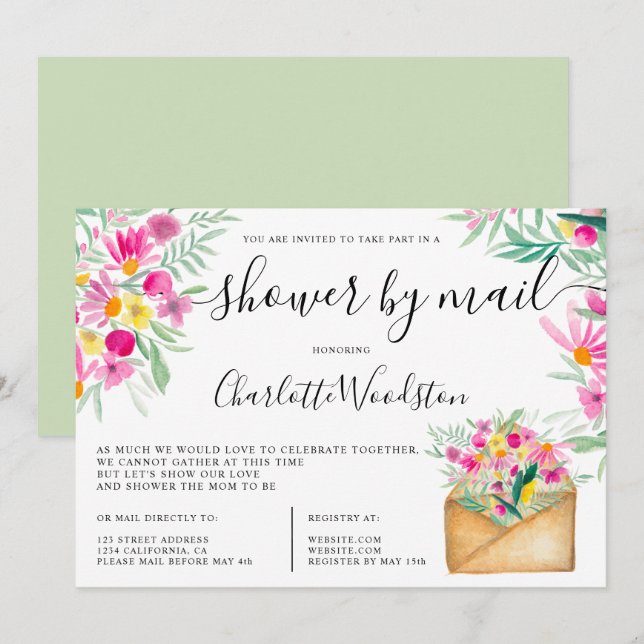 Invitation Ressort mignon baby shower d'aquarelle florale par (Devant / Derrière)