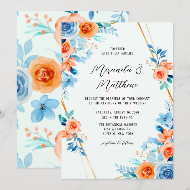 Invitation Ressort Peinture Bleu Orange Aquarelle Mariage Flo (Devant / Derrière)
