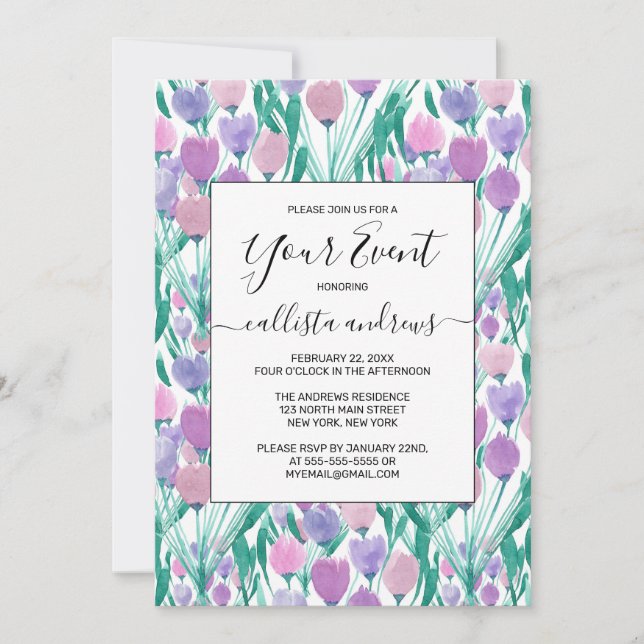 Invitation Ressort rose pourpre Tulipe Floral Aquarelle (Devant)