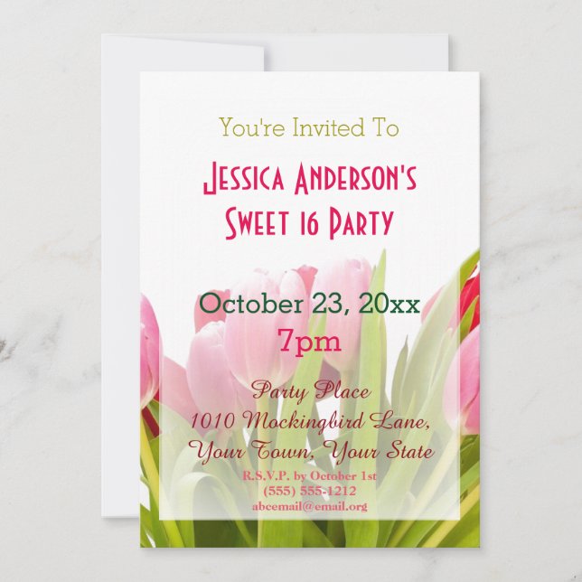 Invitation Ressort rose rousse Tulipe sucré 16 Anniversaire (Devant)