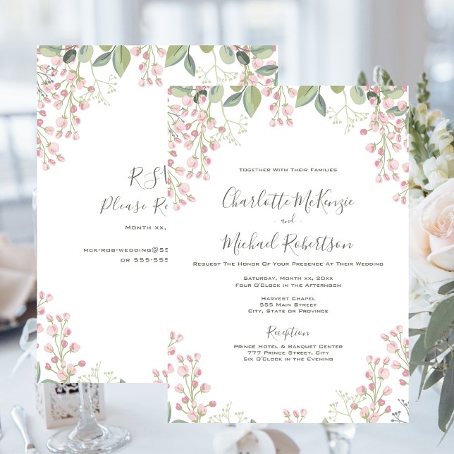 Invitation Ressorts De Printemps Mint Florale Rose Avec Maria (Spring Blossoms Pink Floral Mint Green Wedding Invitation)