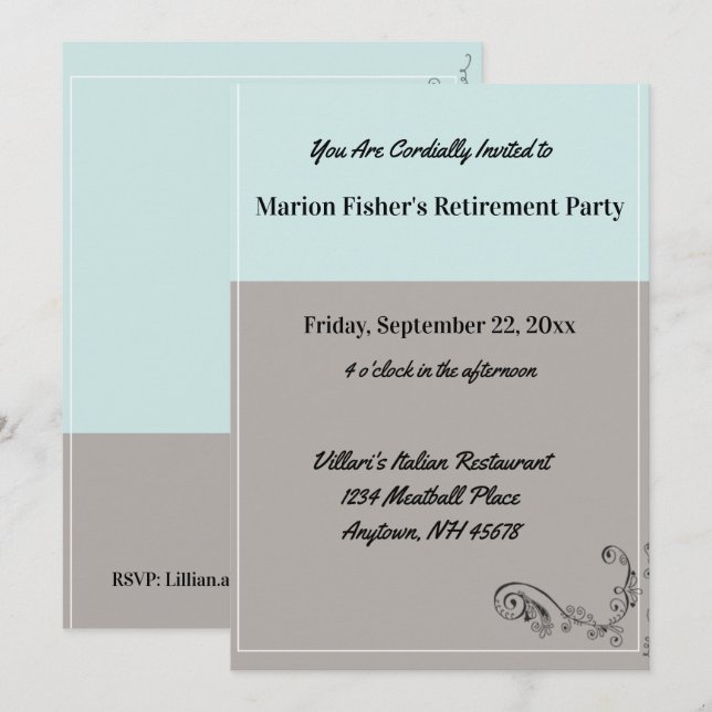 Invitation Restaurant simple Mint Blue Grey Retraite Party (Devant / Derrière)