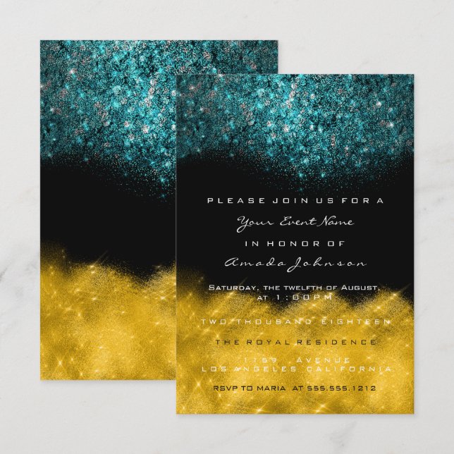 Invitation Résumé Or Sarcelle Océan Paillettes Noir Blanc Evé (Devant / Derrière)