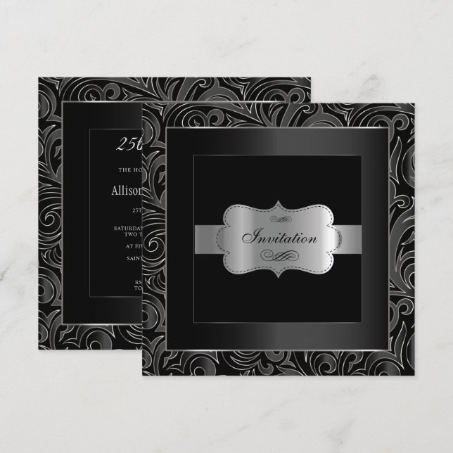 Invitation Résumé Soirée Noir & Argent | Anniversaire (Devant / Derrière)