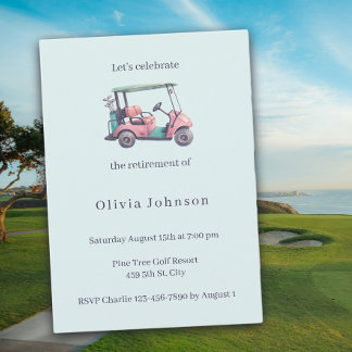 Invitation Retirement Party Pink Golf Cart Watercolor 