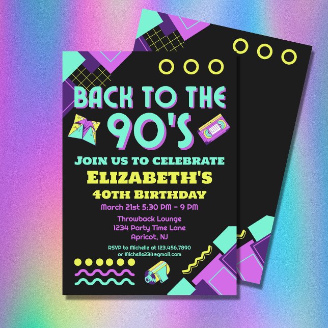 Invitation Retour À L'Anniversaire Rétro Des Années 90 (Have a fun 90s themed Birthday party with this rad "Back to the 90s" invitation)