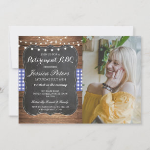 Invitation Retraite BBQ Party Blue Check Rustic Chalk Photo