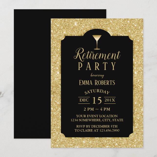 Invitation Retraite Cocktail Vin Party Moderne Noir & Or (Devant / Derrière)