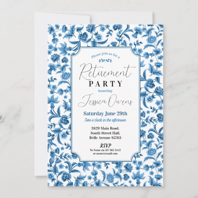 Invitation Retraite Femme Chintz Bleu & Blanc Floral Ditsy (Devant)
