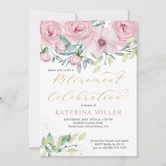 Invitation Retraite Floral Pink Peony et Gold Calligraphy (Devant)