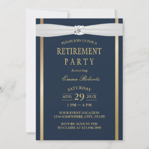 Invitation Retraite ivoire Ruban Élégant Marine Bleu & Or