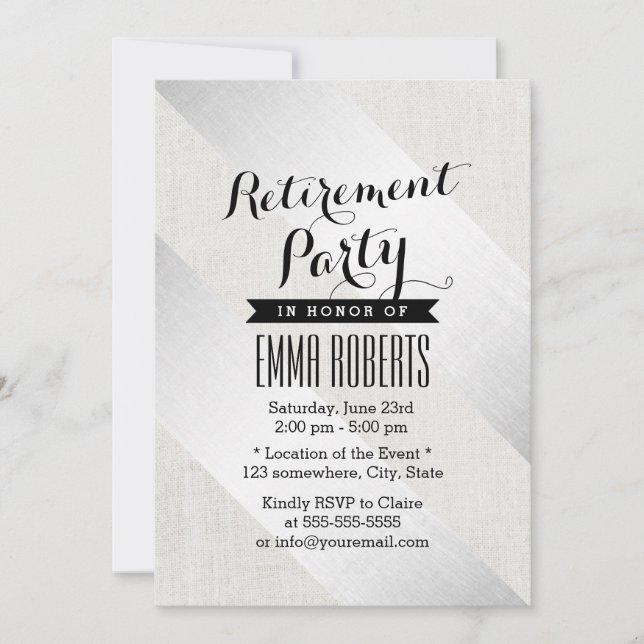 Invitation Retraite Party Moderne Argent Stripes Faux Linen (Devant)