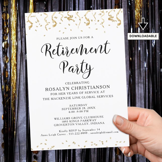 Invitation Retraite Party Moderne Gold Confetti Streamers (Créateur téléchargé)