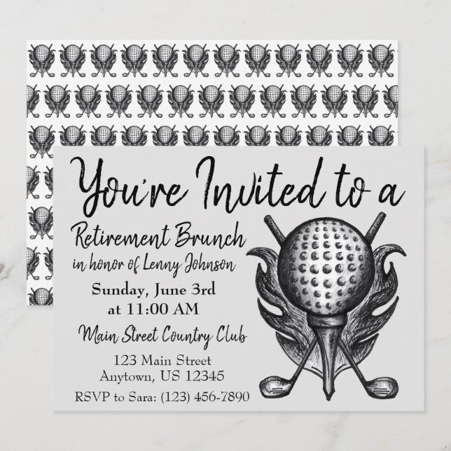 Invitation Retraite Petit Déjeuner Brunch Golf Ball Clubs Tee (Devant / Derrière)