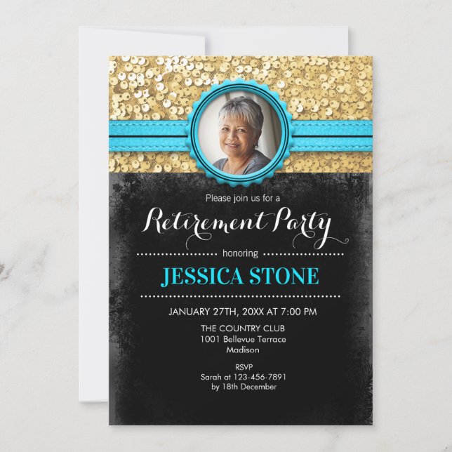 Invitation Retraite photo - Turquoise Blue Gold Black (Devant)