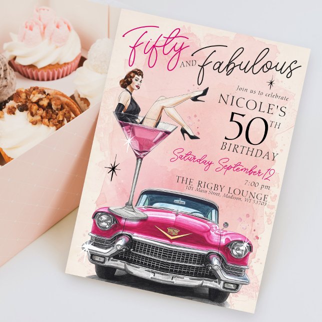 Invitation Retro 1950's Fifty & Fabulous Glam 50th Birthday (Retro 1950's watercolor Fifty and Fabulous pink old hollywood glam pinup birthday party invitation)