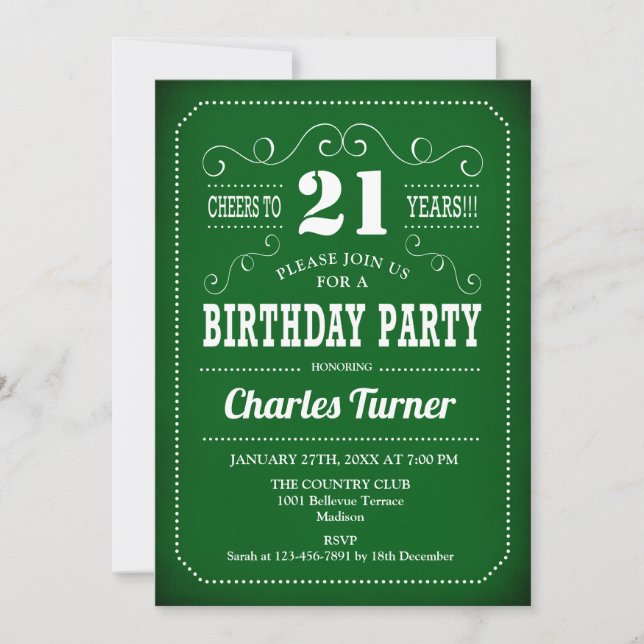 Invitation Retro 21e fête d'anniversaire - Blanc Vert (Devant)