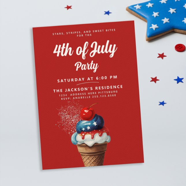 Invitation Retro 4 juillet crème glacée US Flag Cerry Party (Créateur téléchargé)