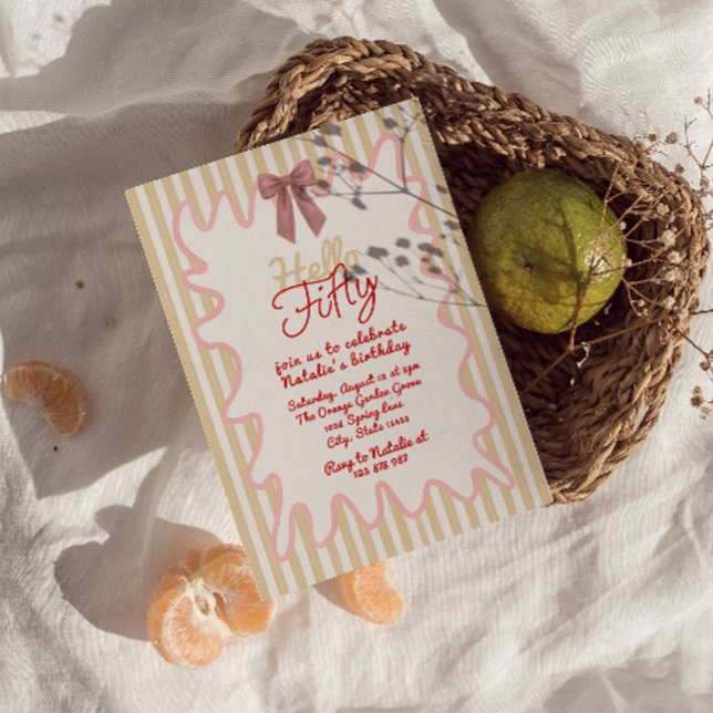 Invitation Retro 50ème Main Peint Bow Bonjour Cinquante Anniv (Créateur téléchargé)