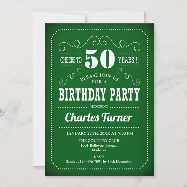 Invitation Retro 50th Birthday Party - Vert blanc (Devant)