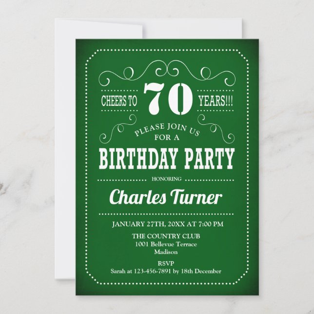 Invitation Retro 70th Birthday Party - Vert blanc (Devant)