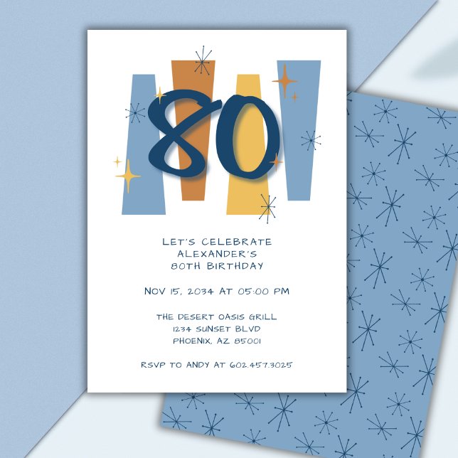 Invitation Retro 80e anniversaire Midsiècle moderne bleu (Créateur téléchargé)