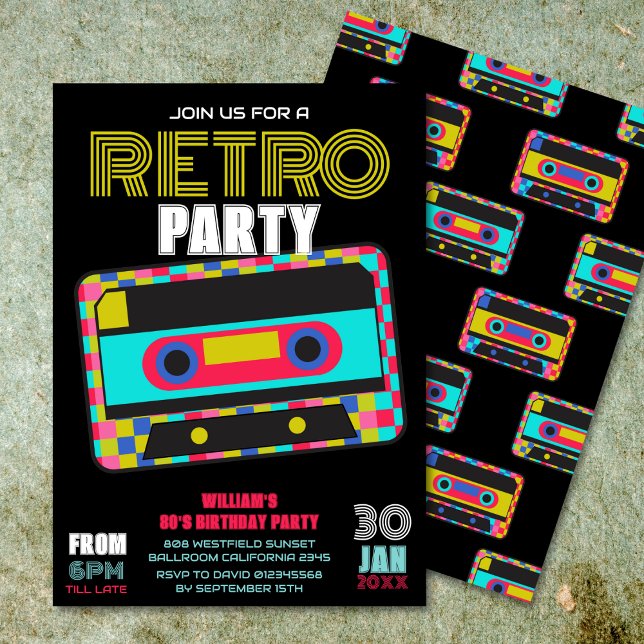 Invitation Retro 80s Neon Cassette Bande Anniversaire Danse (Créateur téléchargé)