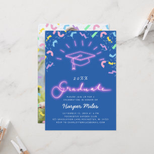 Invitation Retro 80s rose neon graduation casquette photo inv