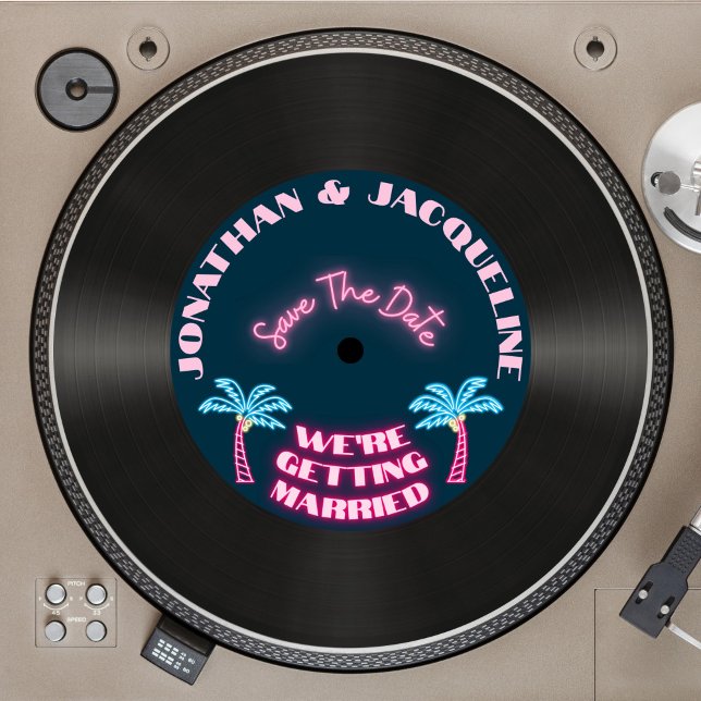 Invitation Retro 80s Tropical Neon Vinyl Enregistrer La Date (Créateur téléchargé)