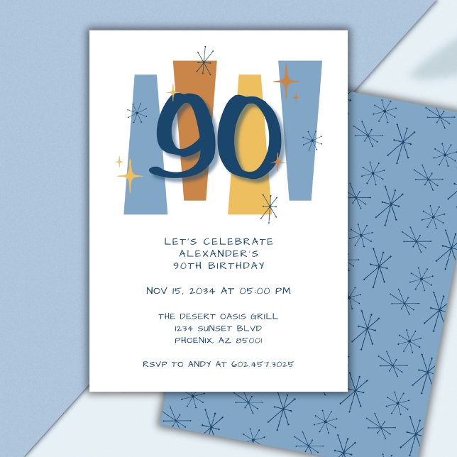 Invitation Retro 90e Anniversaire Milieu de siècle moderne Bl (Créateur téléchargé)