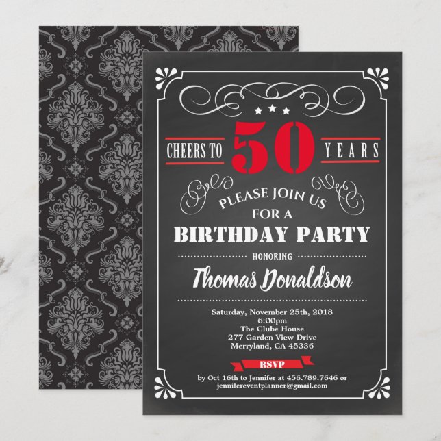 Invitation Rétro à plateau rouge de la fête du 50e anniversai (Devant / Derrière)