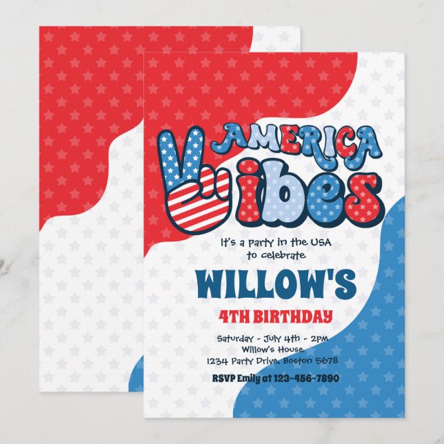 Invitation Retro America Vibes 4 juillet fête d'anniversaire (Devant / Derrière)