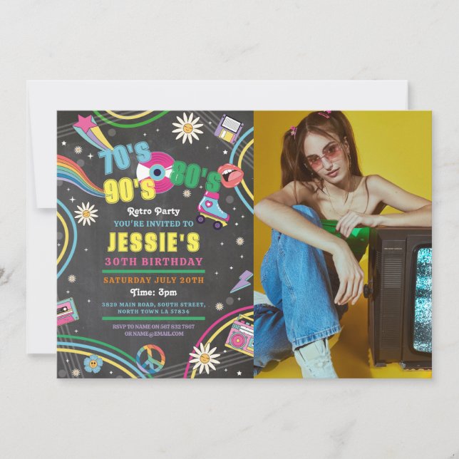 Invitation Retro Anniversaire les années 70 80s 90s Disco Pho (Devant)