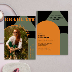 Invitation Retro Arch Green & Orange Photo Graduation