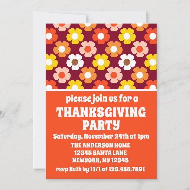 Invitation Retro Automne Fleurs d'automne Bourgogne Thanksgiv (Devant)