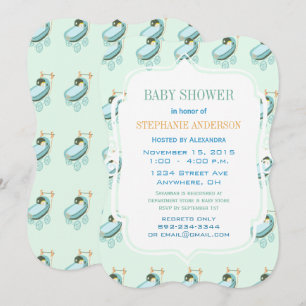 Invitation Retro Baby Mint Green Blue Coral Baby Buggy Douche